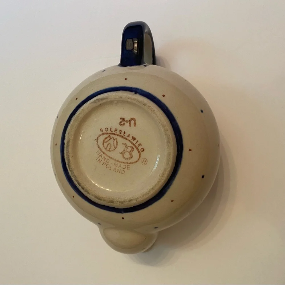 POLISH POTTERY TEAPOT WHITE BLUE HANDMADE HOME DINING SERVE-WARE 12 oz